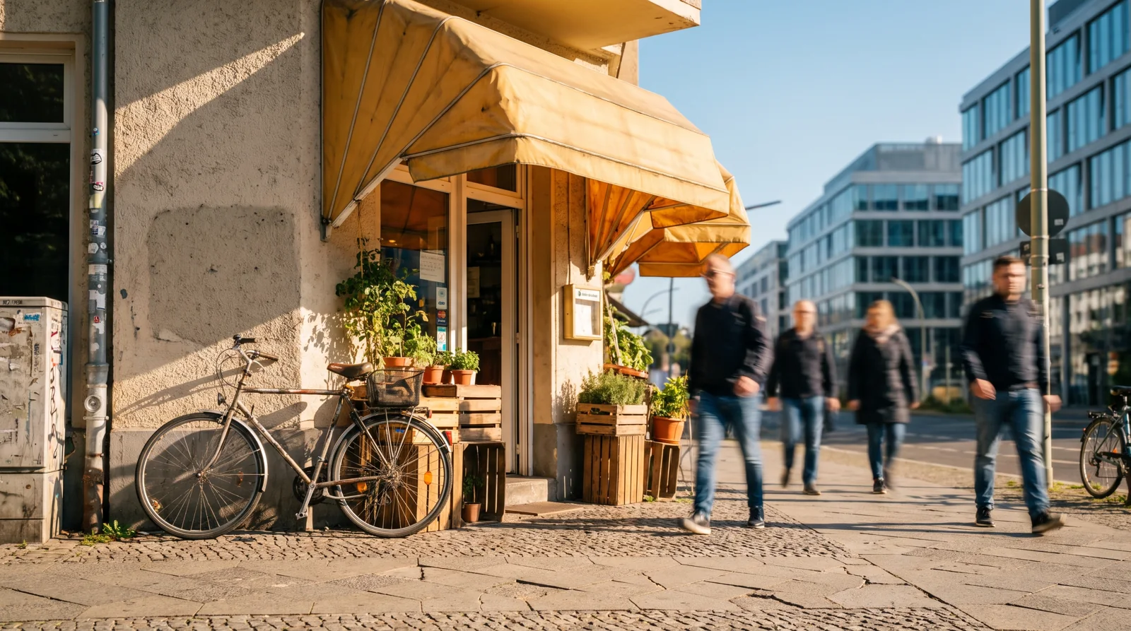 Kleines, warm beleuchtetes Geschäft vor dunklen Bürotürmen